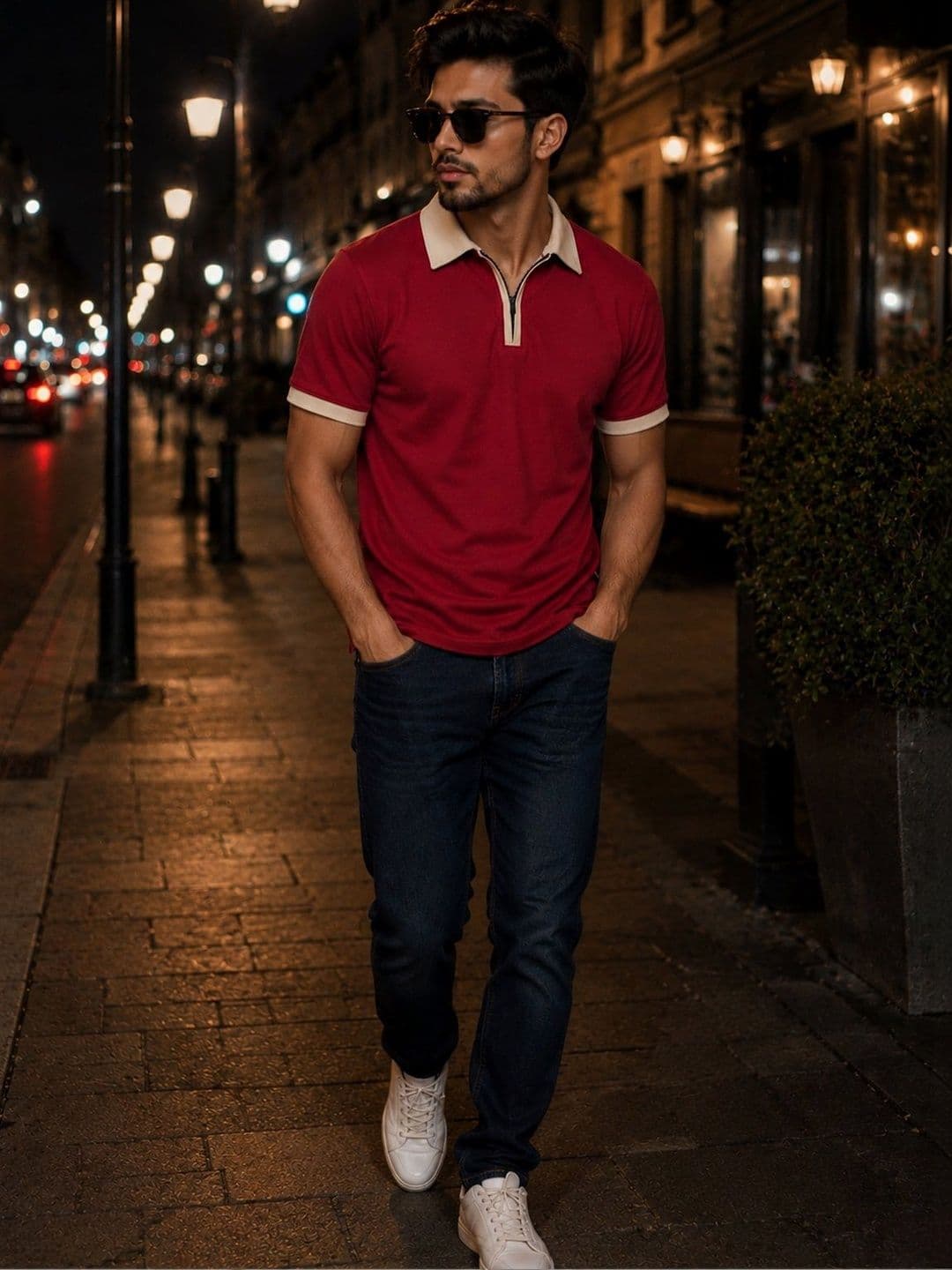 XENOR Maroon and White Polo Collar Slim Fit T-shirt - view 1