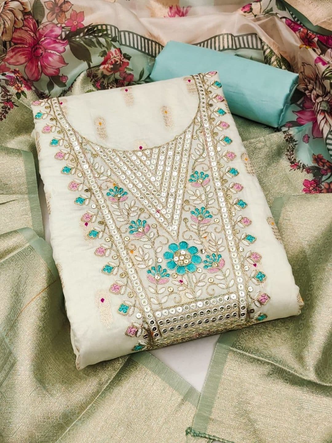 Rangtulika Ethnics Embroidered Pure Cotton Unstitched Dress Material - view 1