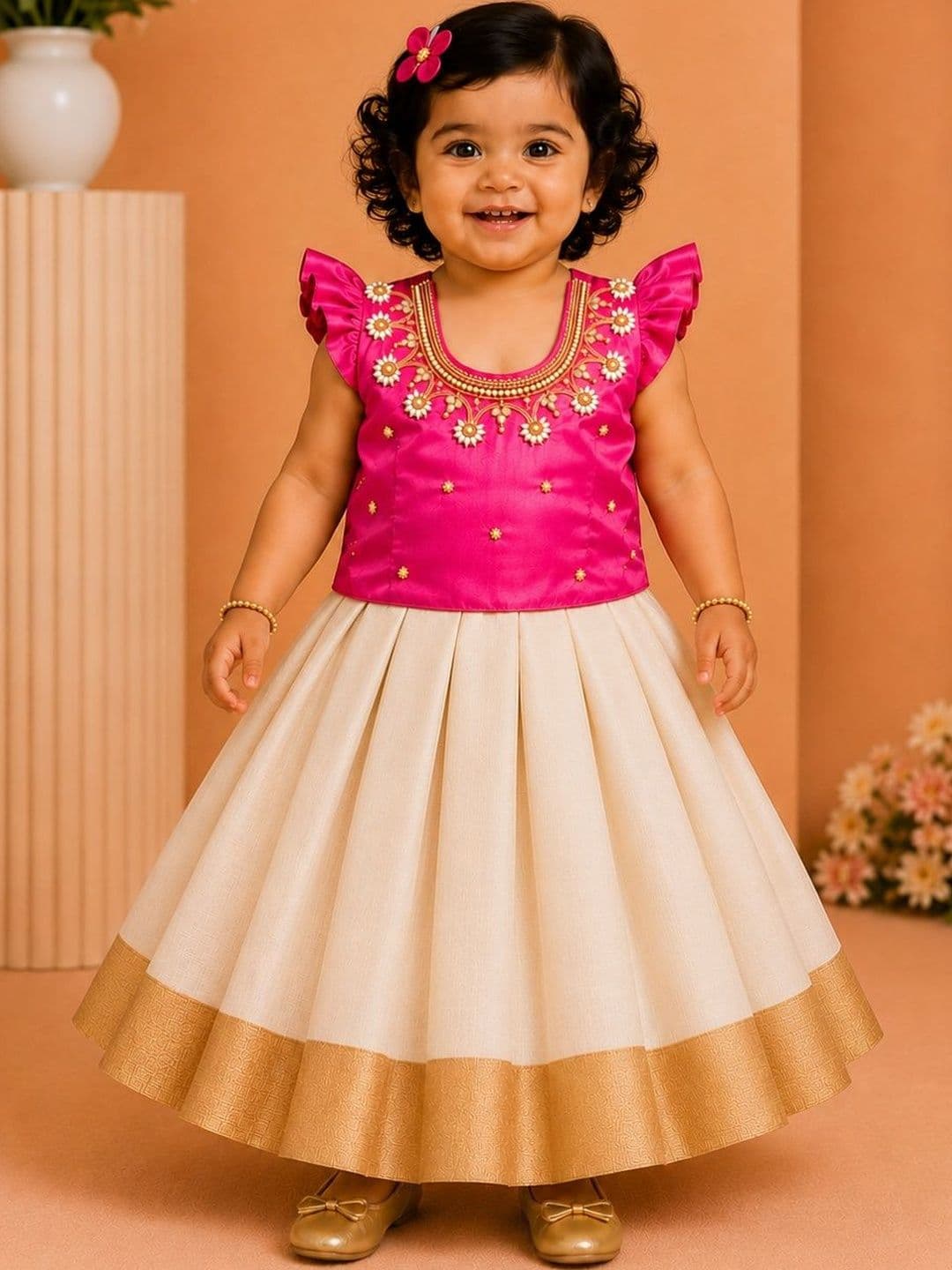 Babypattu Girls Embellished Beads and Stones Ready to Wear Lehenga & - view 1