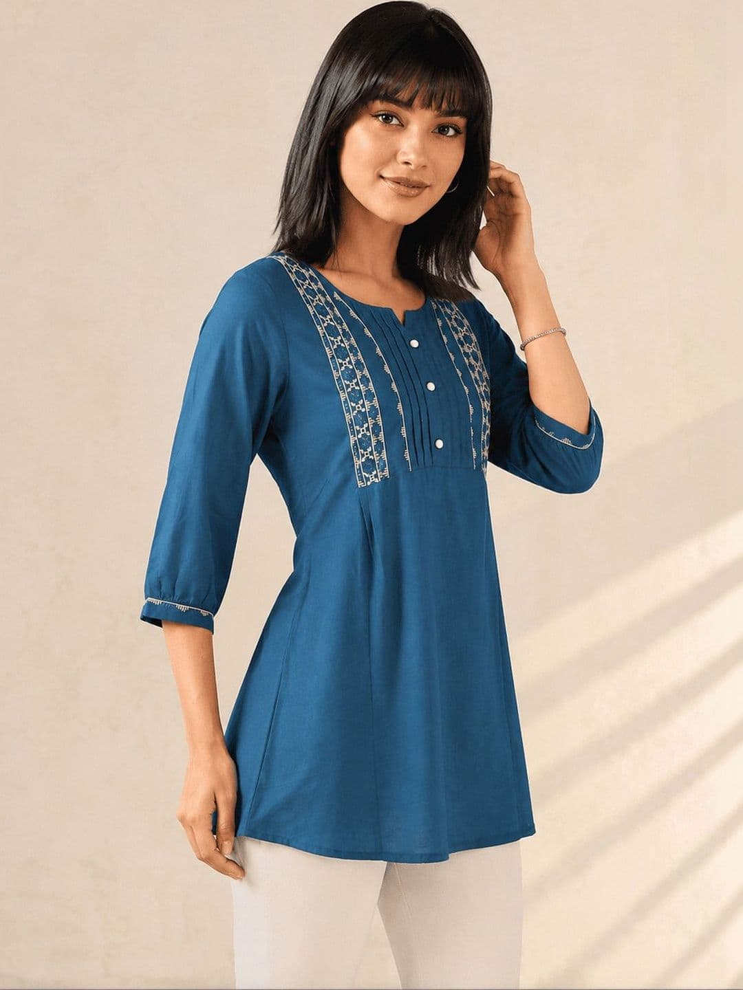 GULMEHAK Teal Embellished Embroidered Cotton Top - view 1