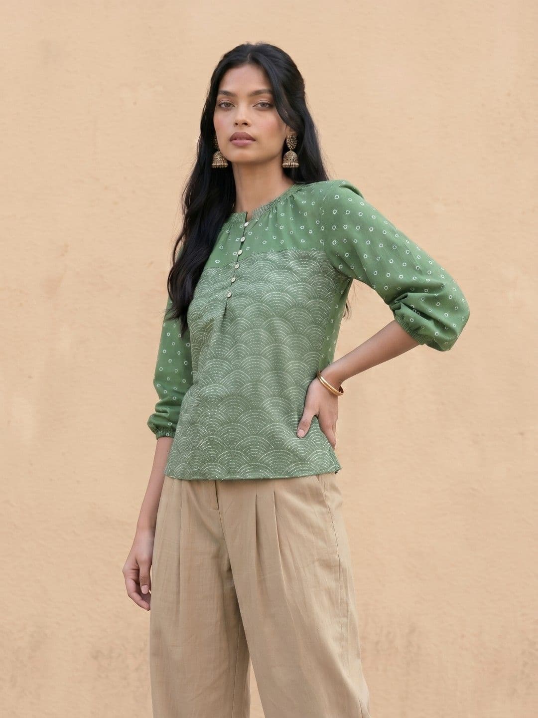 fusion by glitchez Green Ethnic Motif High Neck Puff Sleeve Top - view 1