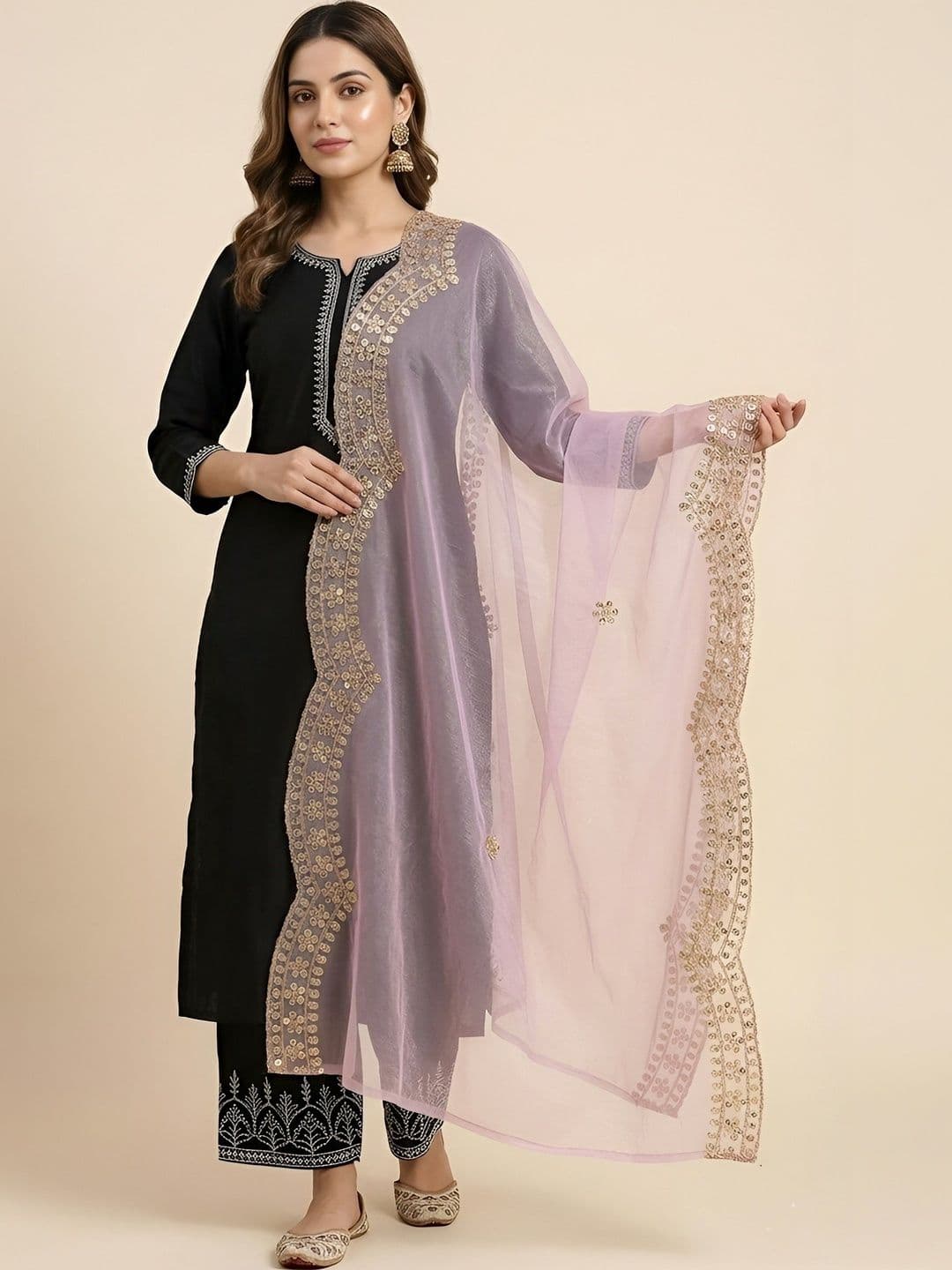 MUFFLY Ethnic Motifs Embroidered Dupatta with Sequinned - view 1