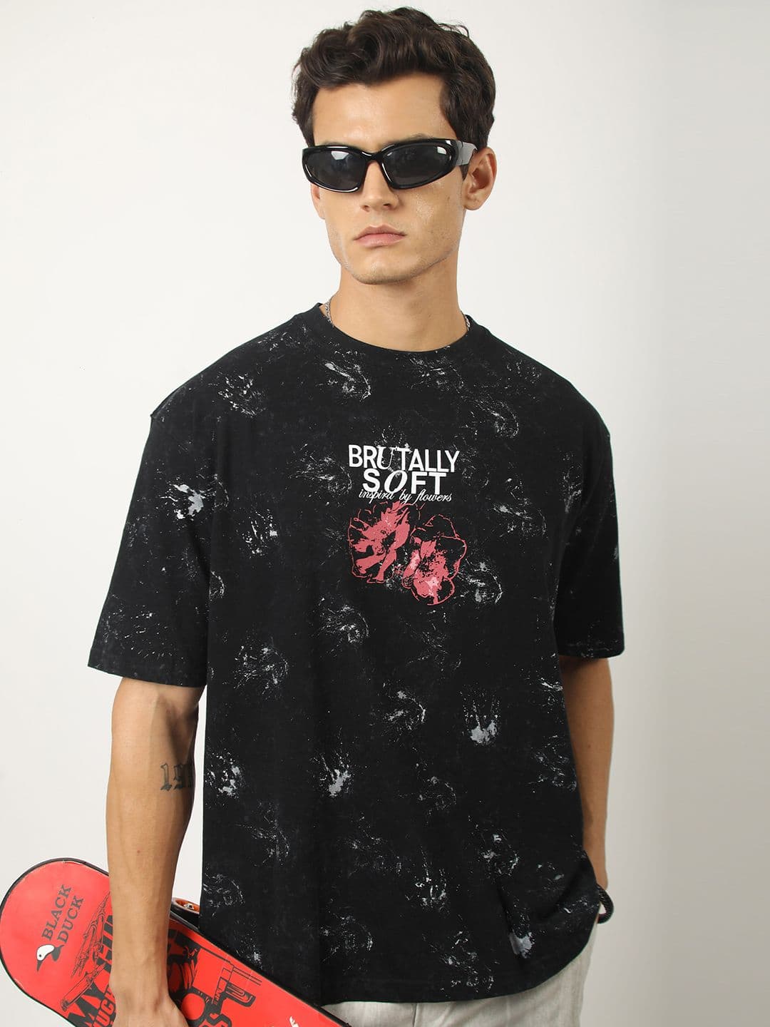 Maniac Acid Wash Printed Round Neck Cotton Oversized T-shirt - view 1