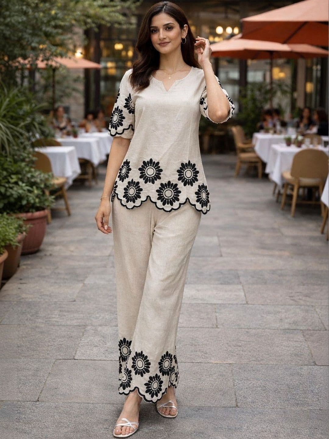 Warthy Ent Pure Cotton Embroidered V-Neck Top & Trousers Co-Ords - view 1