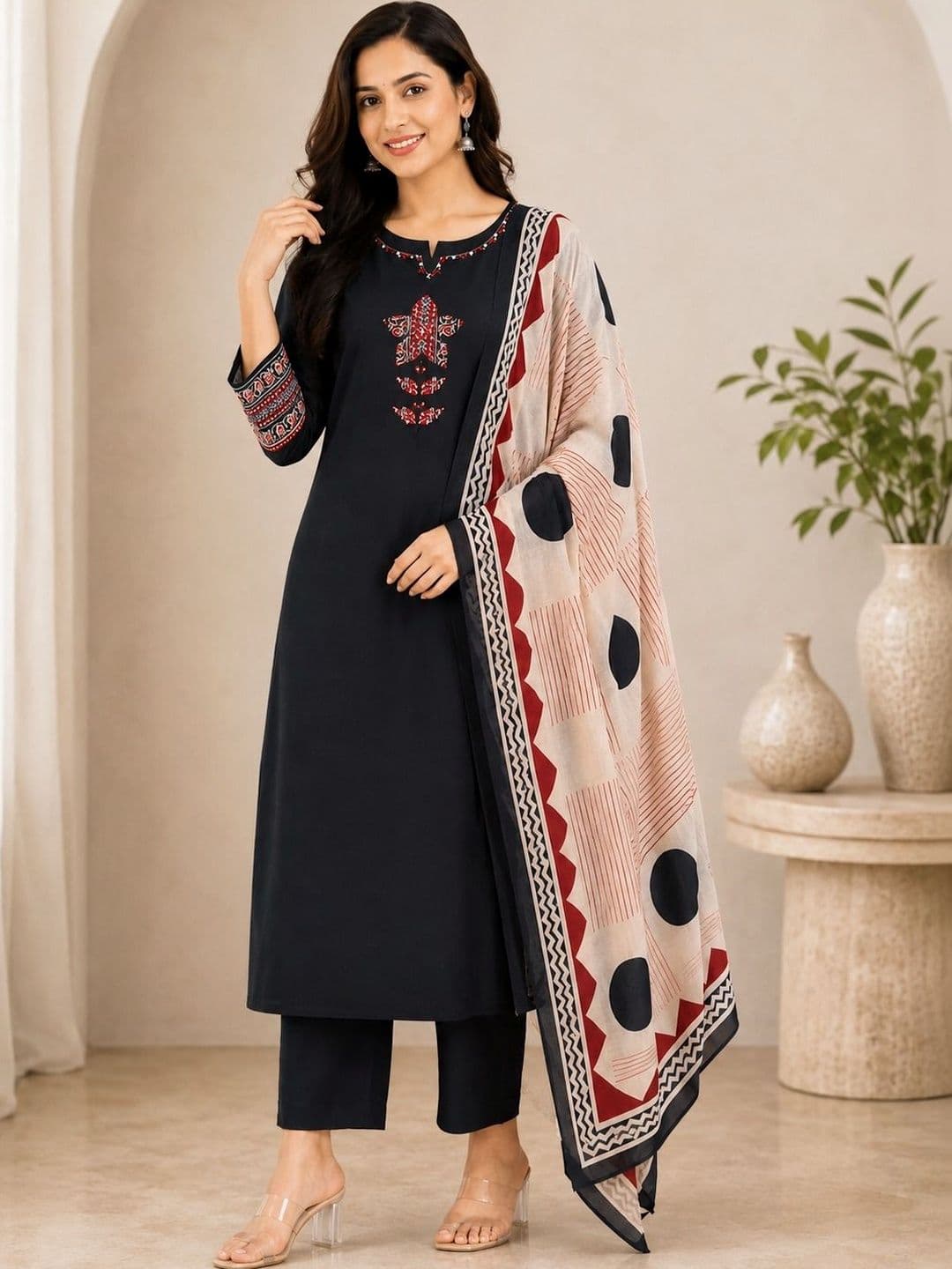 Sangria Women Ethnic Motifs Embroidered Regular Thread Work Pure Cotton Kurta with Trousers & With Dupatta - view 1