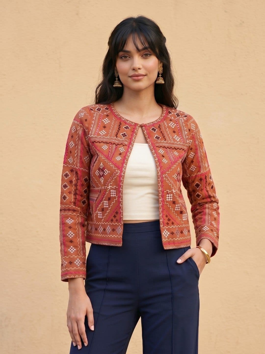 fusion by glitchez Geometric Embroidered Collarless Tailored Jacket - view 1