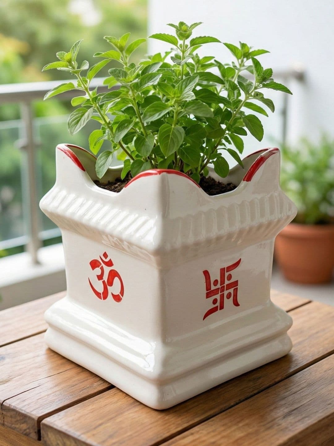 ecofynd Off-White & Red Ceramic Tulsi Planter - view 1