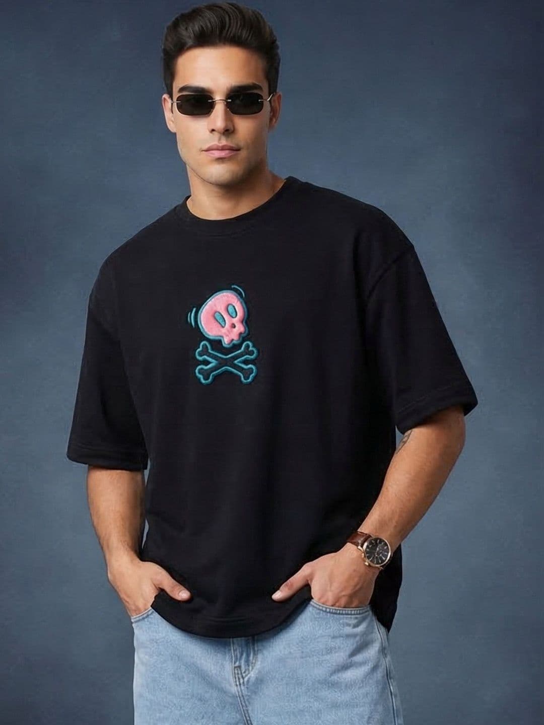 VEIRDO Men Puff Printed Drop-Shoulder Sleeves Pure Cotton Applique Oversize T-shirt - view 1
