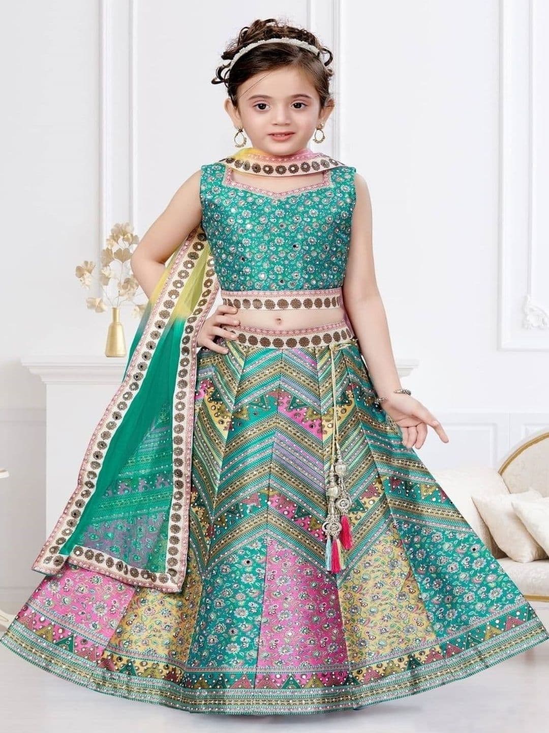 Sangria Girls Embroidered Mirror Work Tie and Dye Semi-Stitched Lehenga & Blouse With Dupatta - view 1