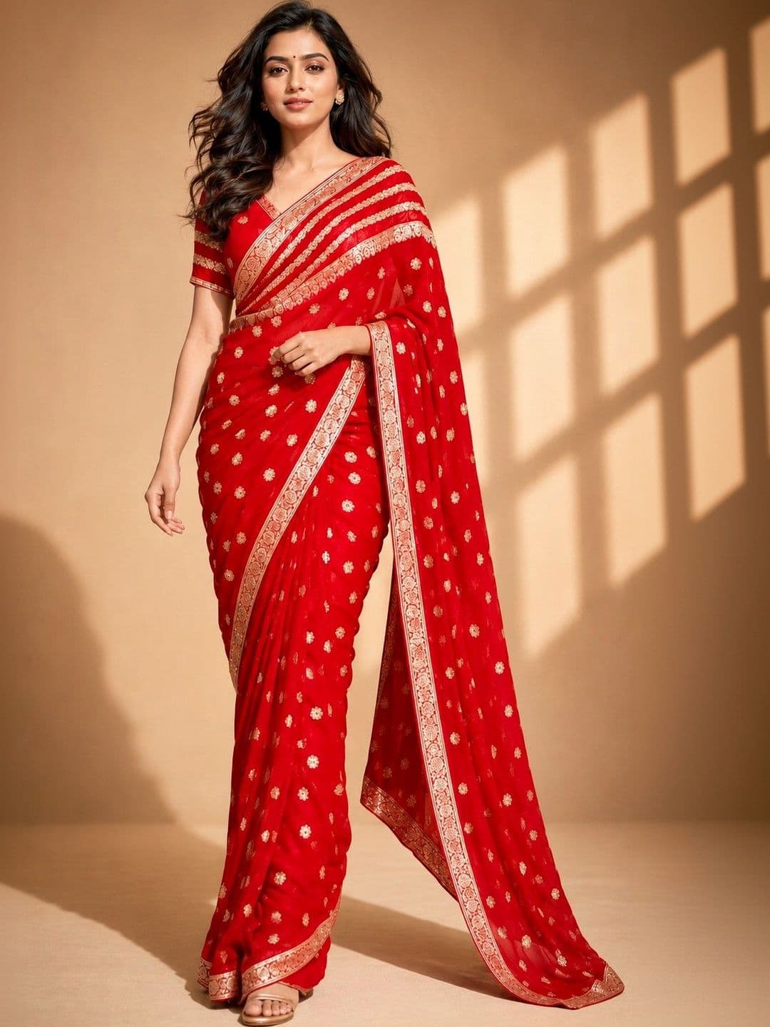 HERE&NOW Ethnic Motifs Zari Poly Georgette Heavy Work Saree - view 1