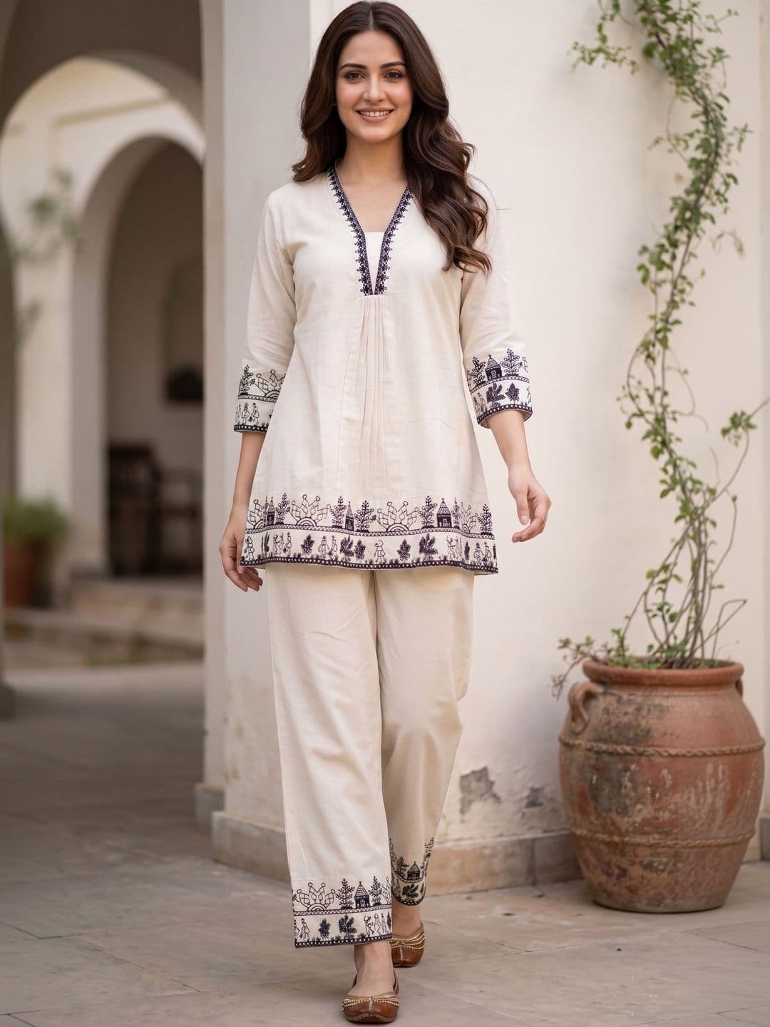 HIVA TRENDZ Floral Cotton Embroidered Tunic with Trousers - view 1