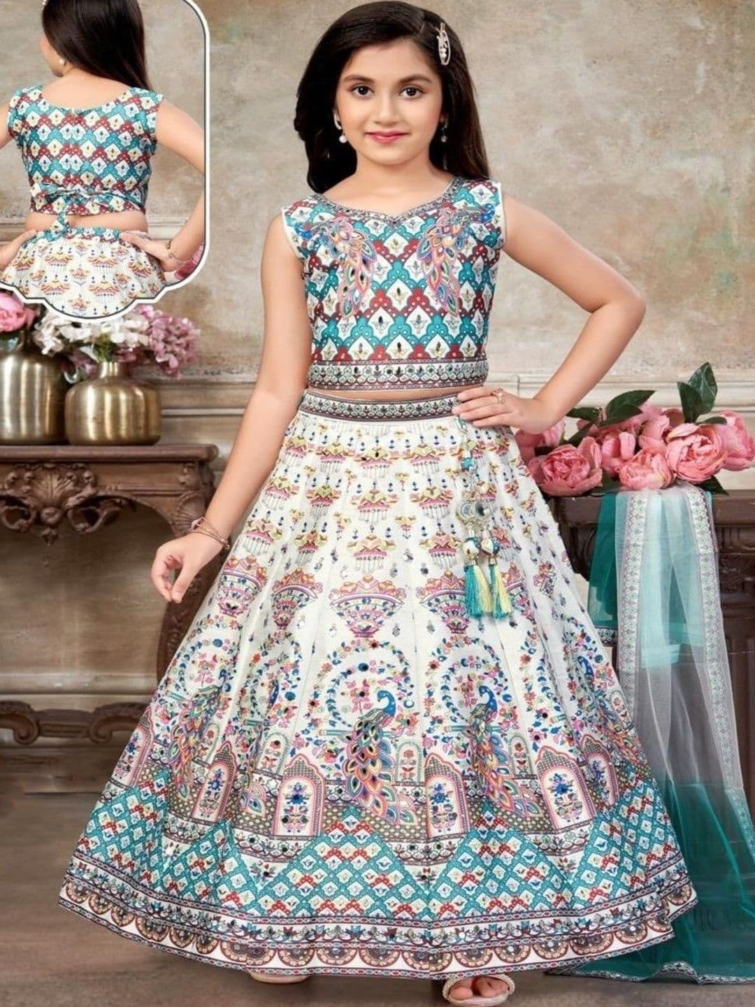 Sangria Girls Printed Mirror Work Tie and Dye Semi-Stitched Lehenga & Blouse With Dupatta - view 1