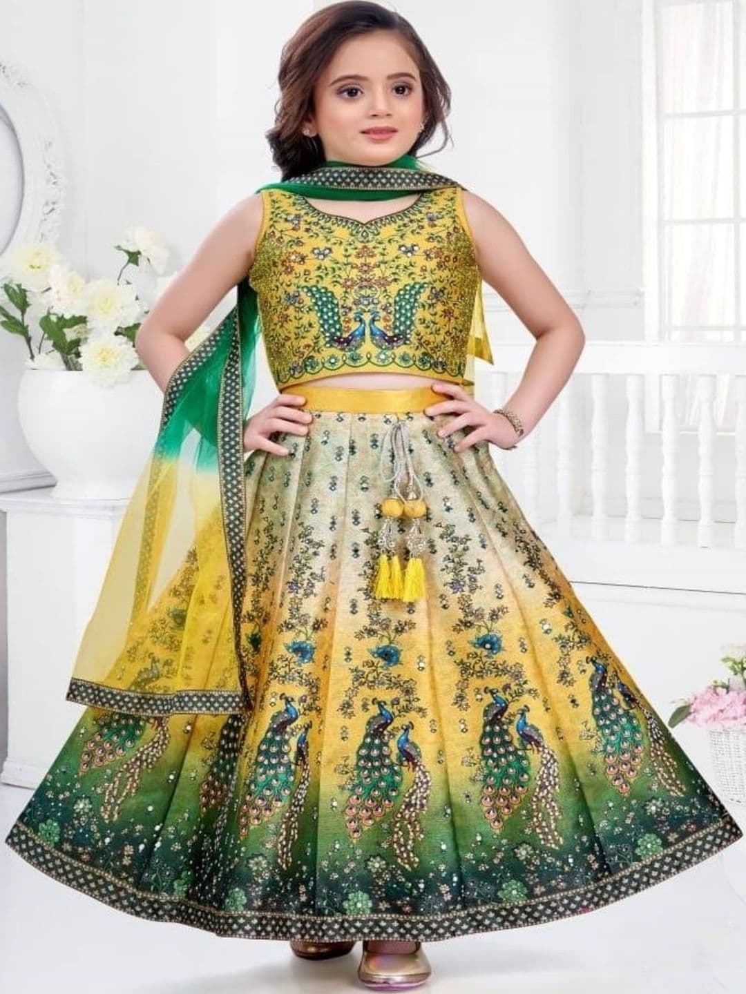 Sangria Girls Embellished Sequinned Tie and Dye Semi-Stitched Lehenga & Blouse With Dupatta - view 1