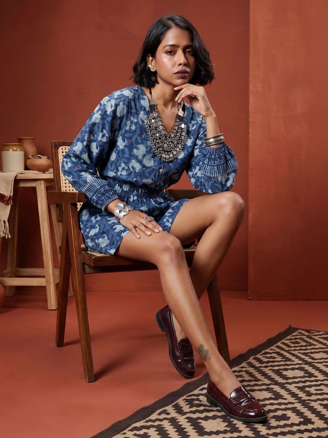 Taavi Cotton-Linen Floral Printed Puff Sleeves Dabu Crafted Jumpsuit - view 1