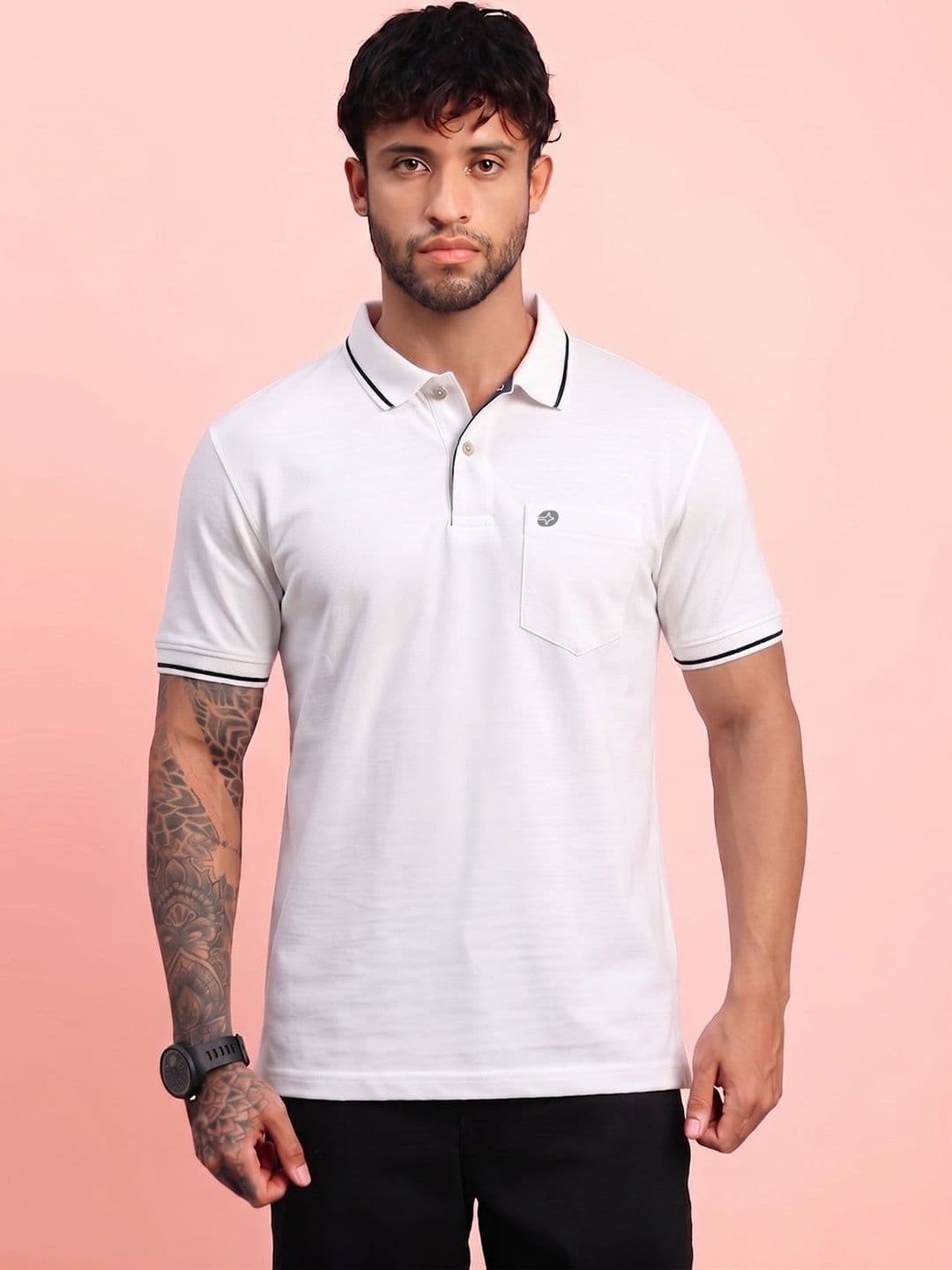 LUX NITRO Solid Pocket Cotton Blend Ribbed Sleeve Side Slit Polo T Shirt - view 1
