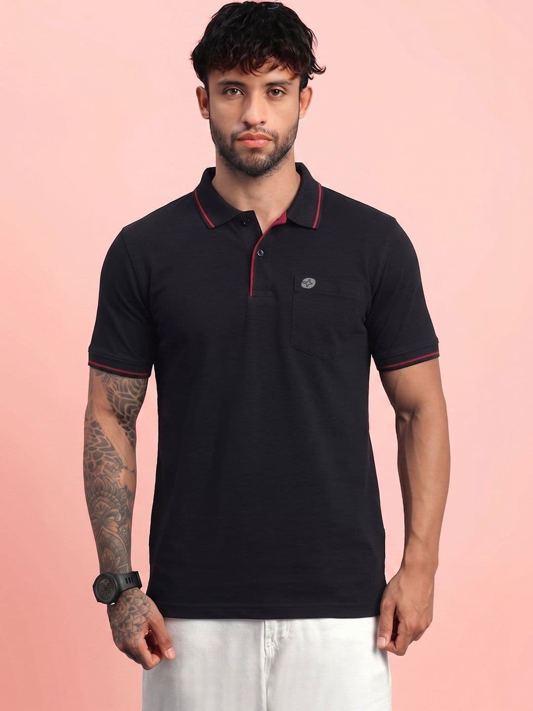LUX NITRO Solid Pocket Cotton Blend Ribbed Sleeve Side Slit Polo T Shirt - view 1