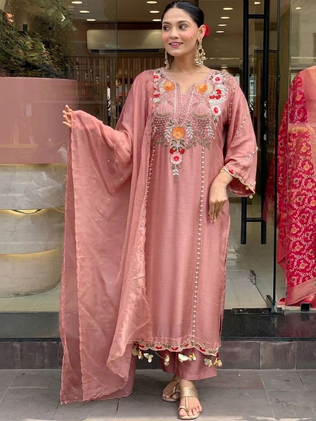 Moda Rapido Women Ethnic Motifs Embroidered Regular Thread Work Kurta with Palazzos & With Dupatta - view 1