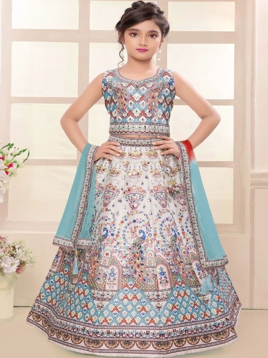 KL9KIDS Girls Printed Mirror Work Tie and Dye Ready to Wear Lehenga & Blouse With Dupatta - view 1