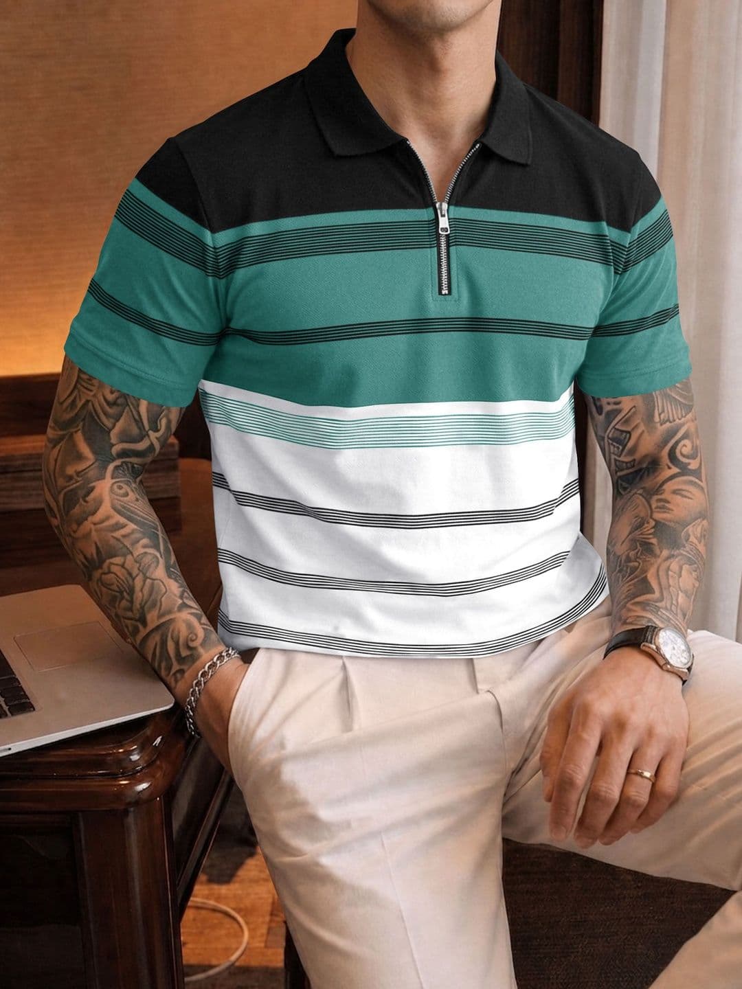 Eyebogler Men Striped Polo Collar T-shirt - view 1
