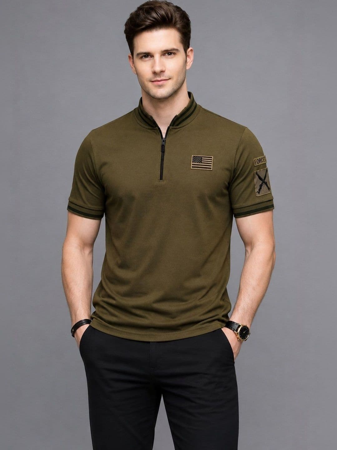 NAUGHTYMEN Men Brand Logo Henley Neck Applique Slim Fit T-shirt - view 1