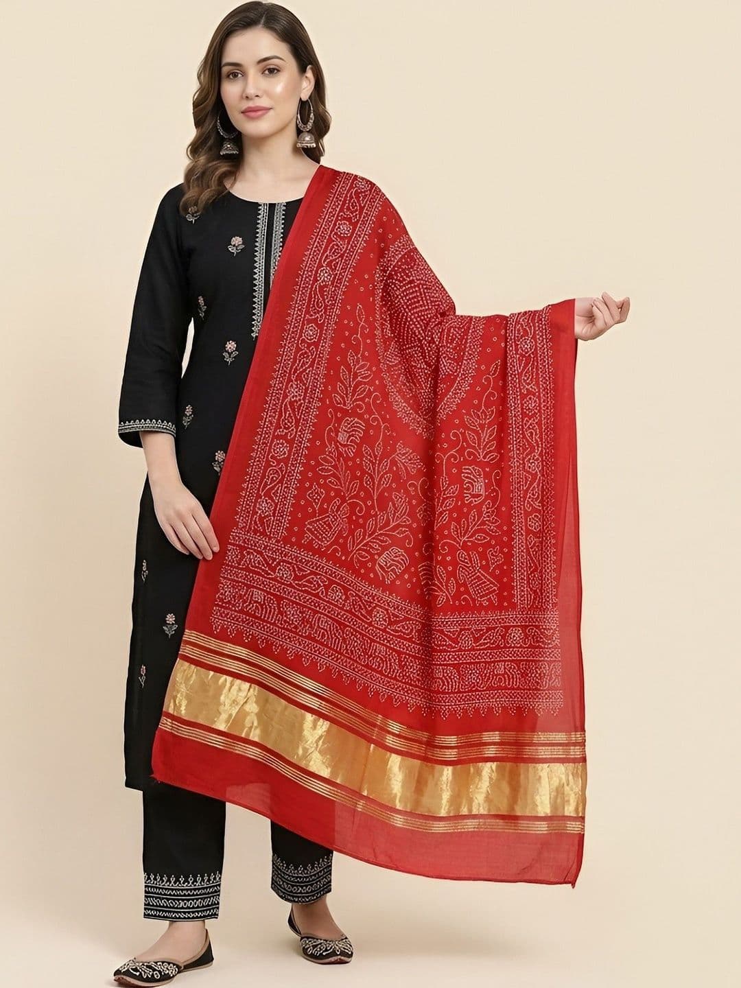 MUFFLY Woven Design Bandhani Dupatta with Zari - view 1