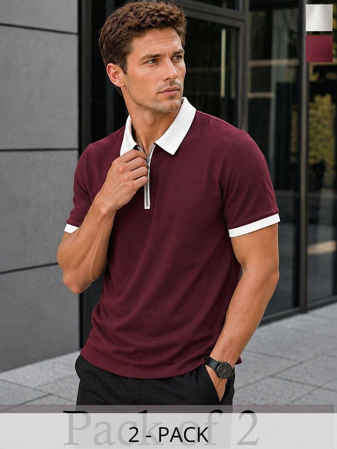 THE BEETEL HOUSE Pack Of 2 Solid Printed Regular Sleeves Polo Collar T-Shirts - view 1