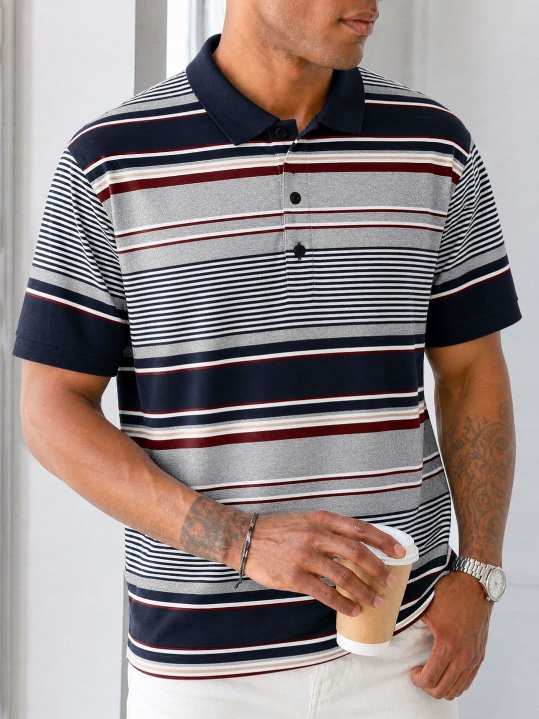 Eyebogler Men Striped Polo Collar T-shirt - view 1