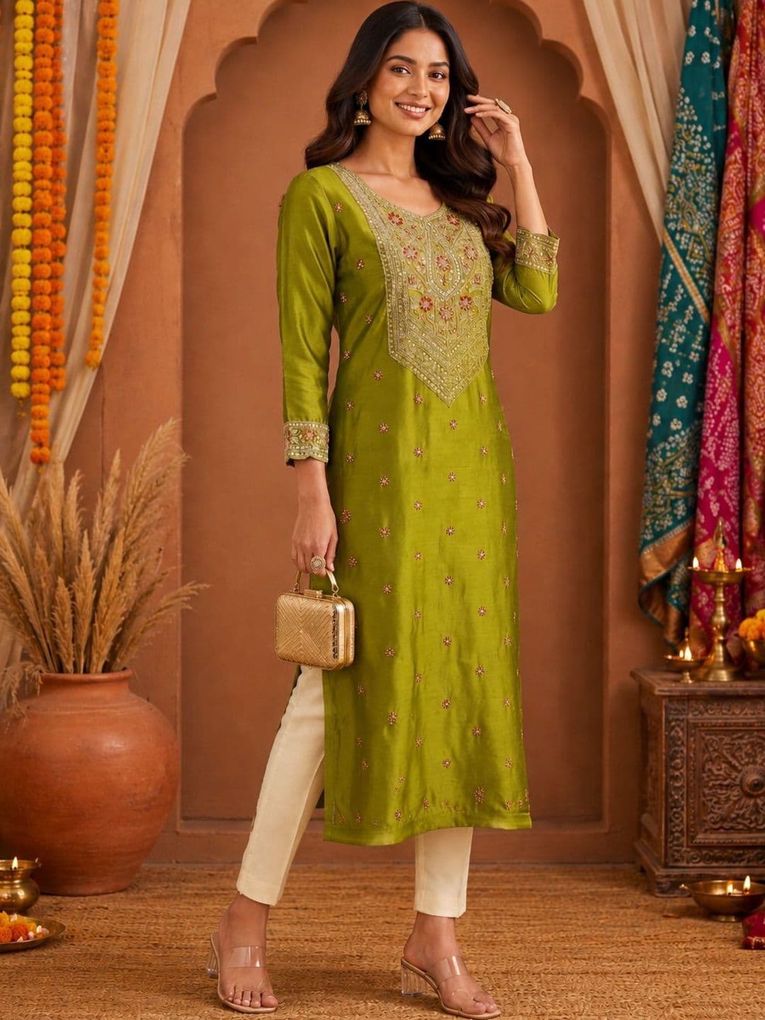 SHRI MAHAVEER RAJASTHANI SAREE Ethnic Motifs Embroidered V-Neck Kurti - view 1