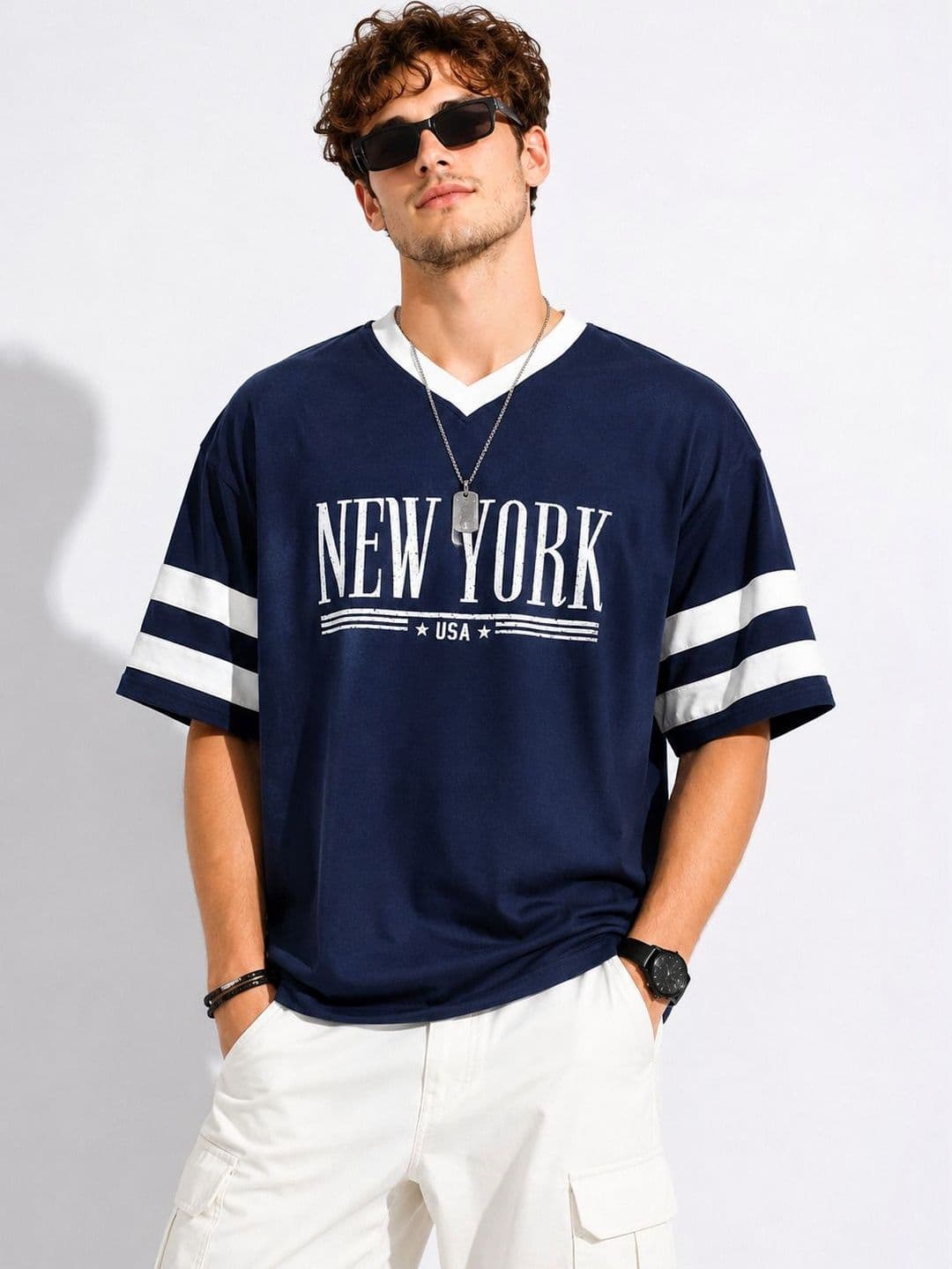 DOOR74 Men Typography Printed V-Neck T-shirt - view 1