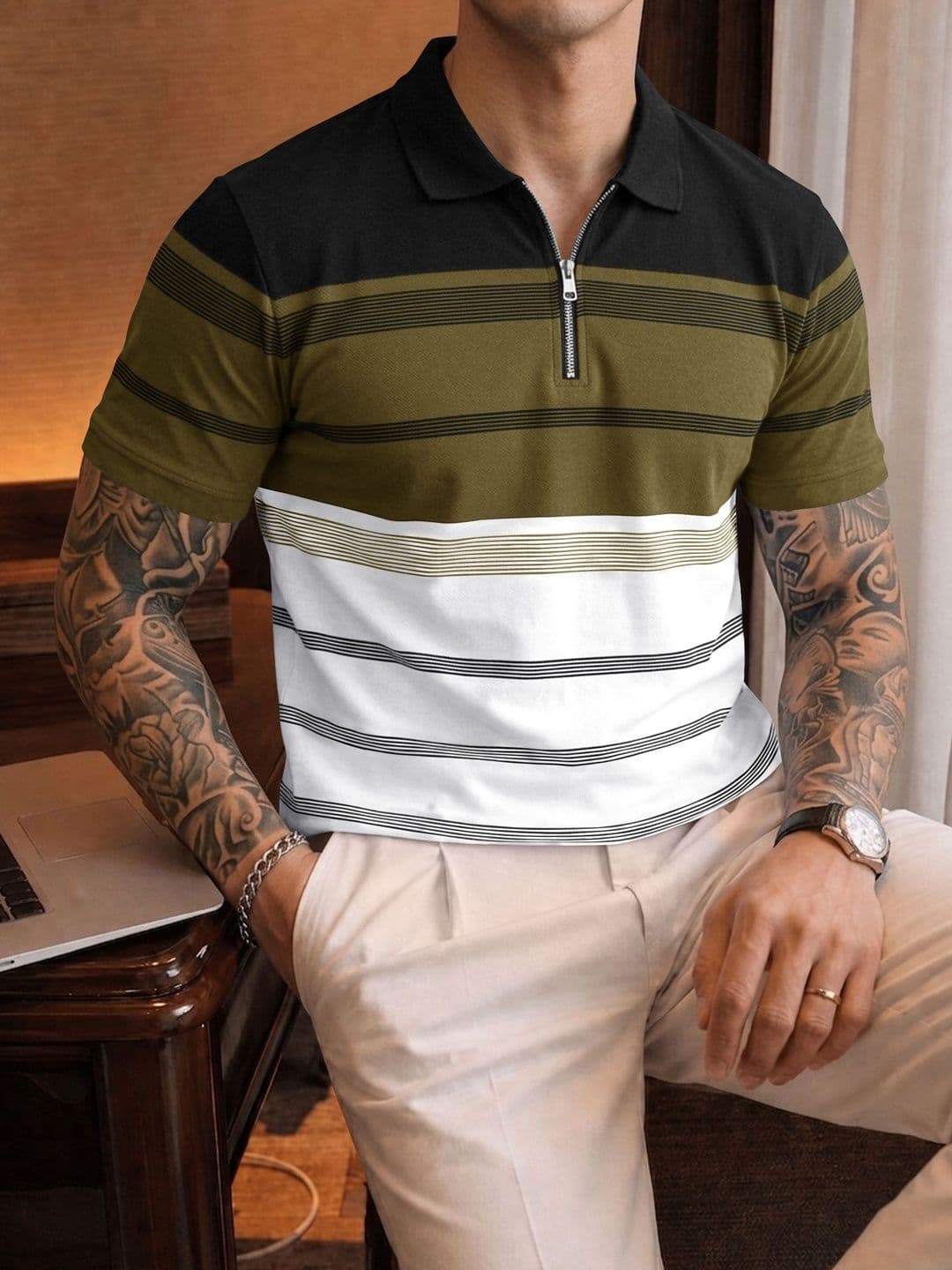 Eyebogler Men Striped Polo Collar T-shirt - view 1