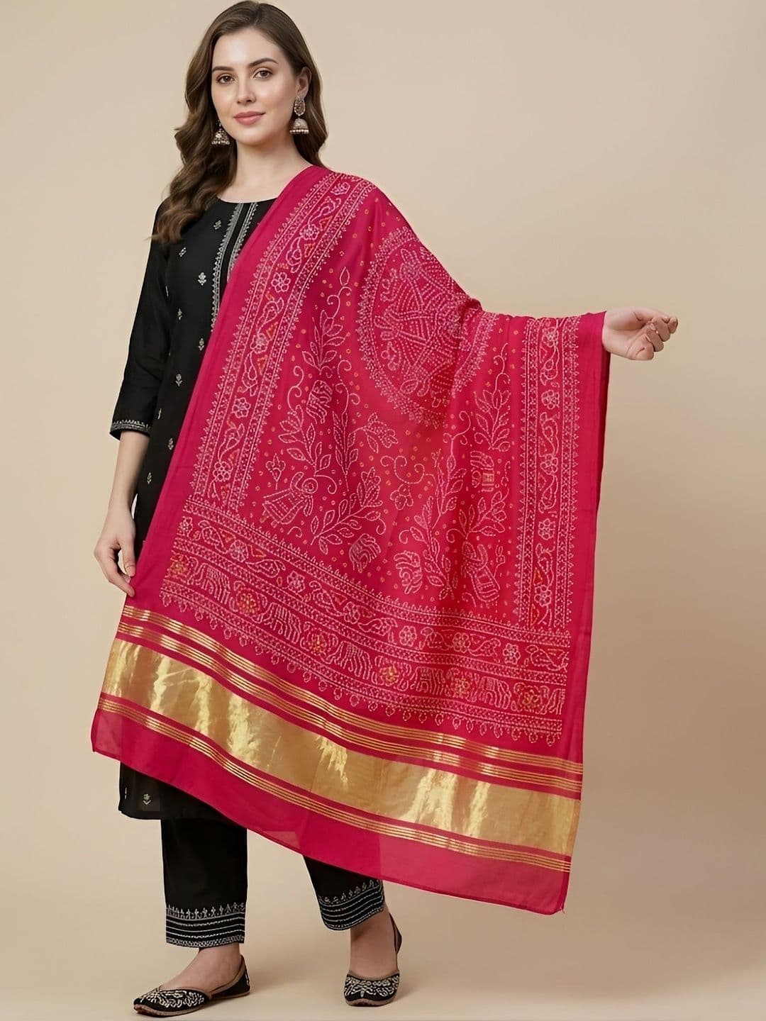 MUFFLY Printed Bandhani Dupatta with Zari - view 1