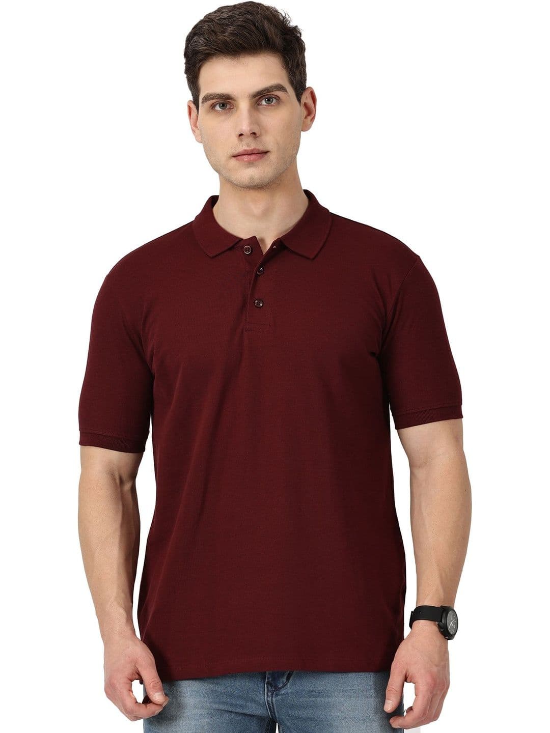RSO Outfits Men Maroon Solid Cotton Polo Collar T-shirt - view 1