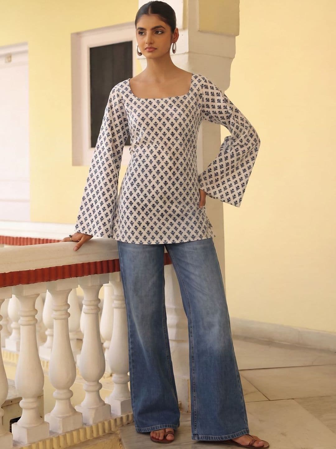 anayna Botanical Printed Square Neck Flared Sleeves Pure Cotton Kurti - view 1