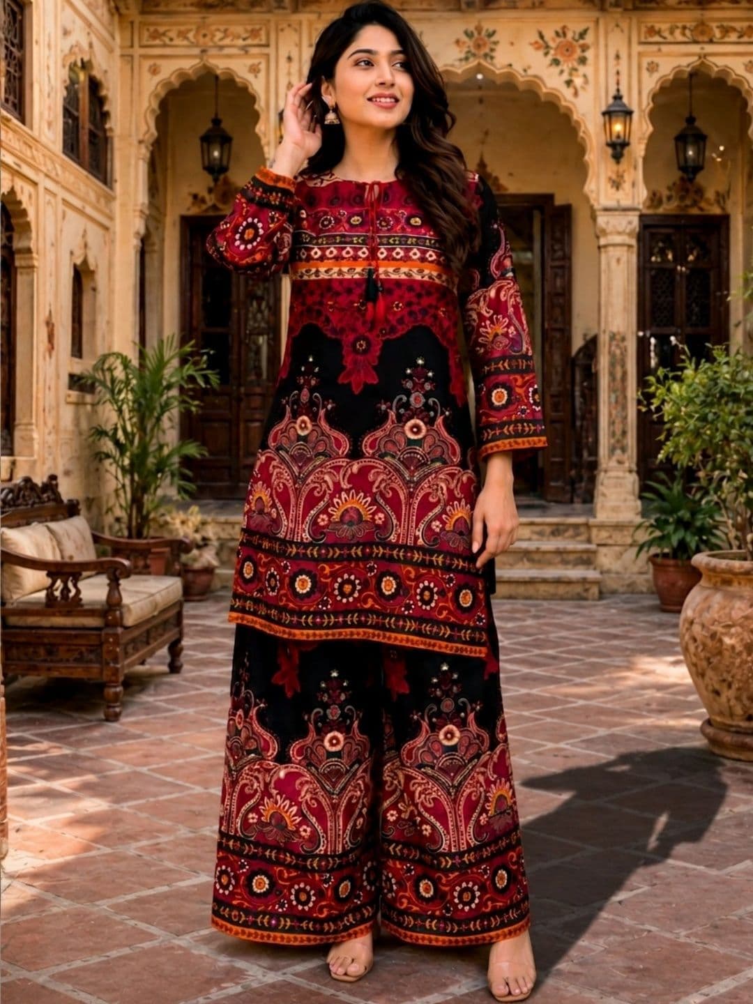 KALINI Bohemian Cotton Printed Tunic with Palazzos - view 1