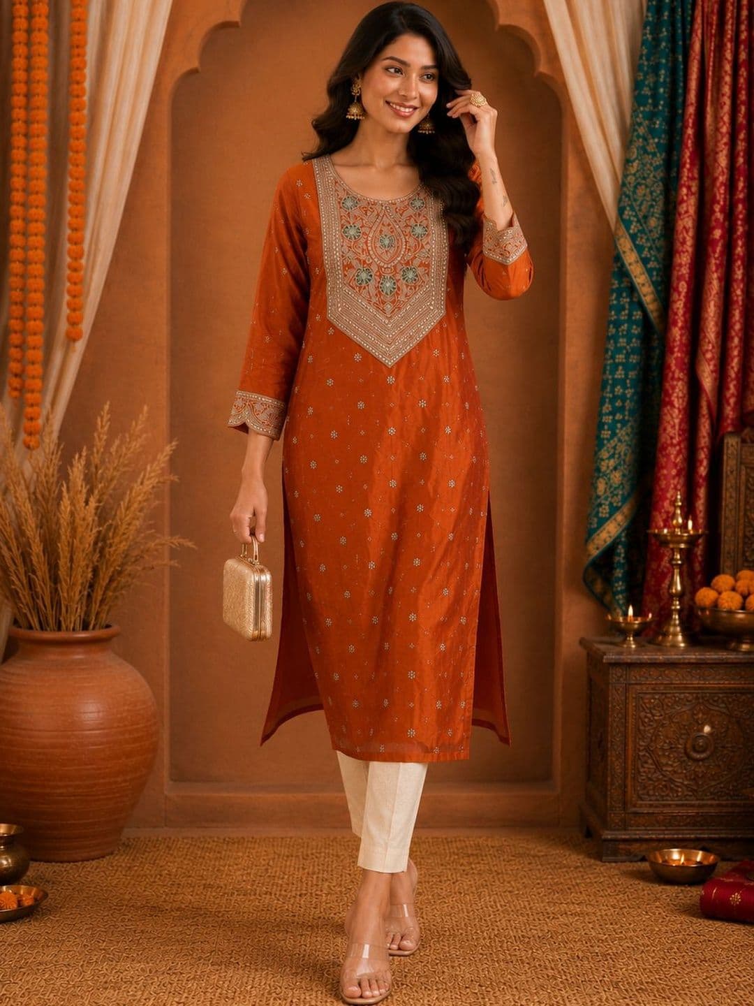 SHRI MAHAVEER RAJASTHANI SAREE Ethnic Motifs Embroidered Kurti - view 1