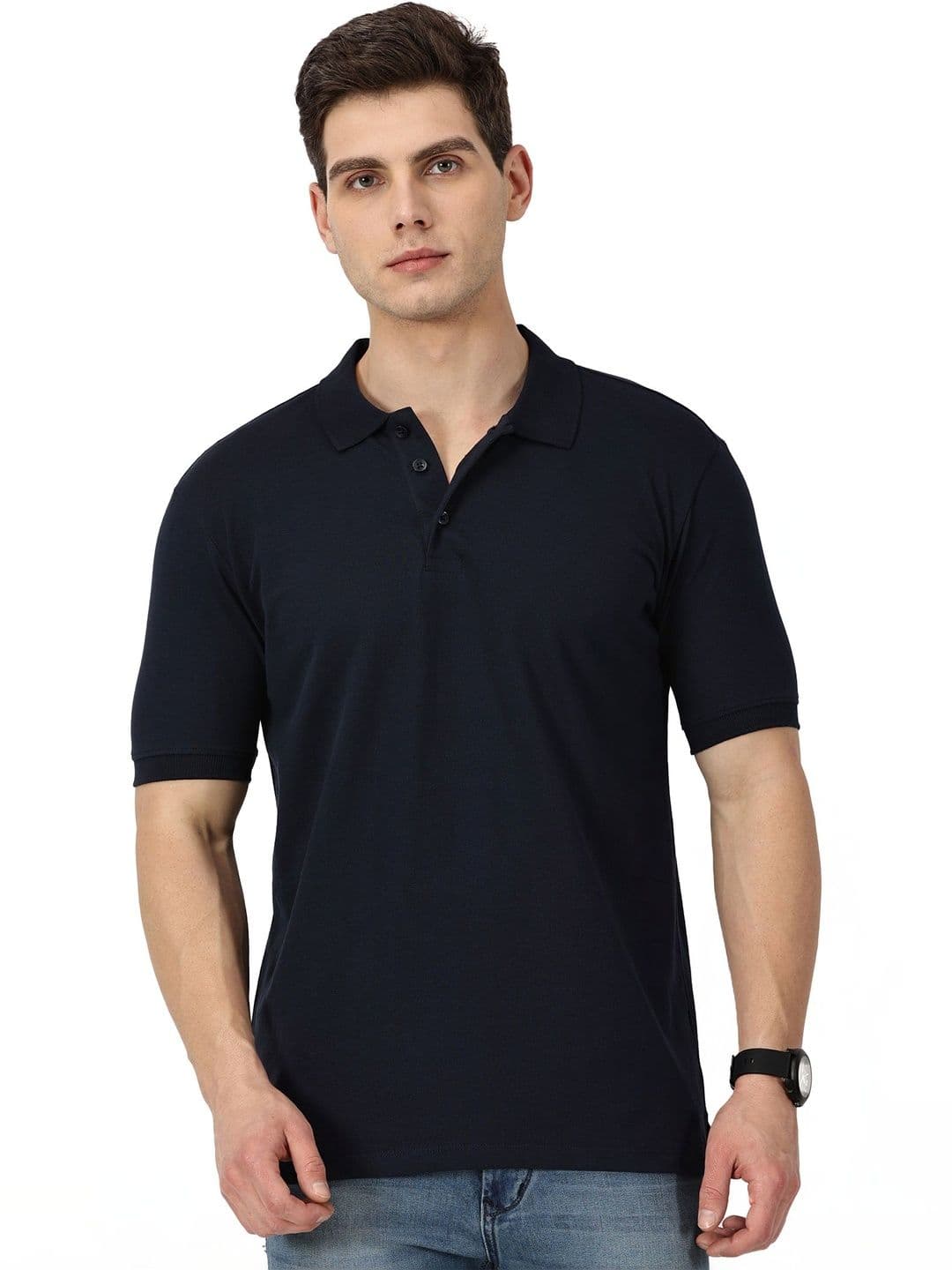 RSO Outfits Men Navy Blue Solid Cotton Polo Collar T-shirt - view 1