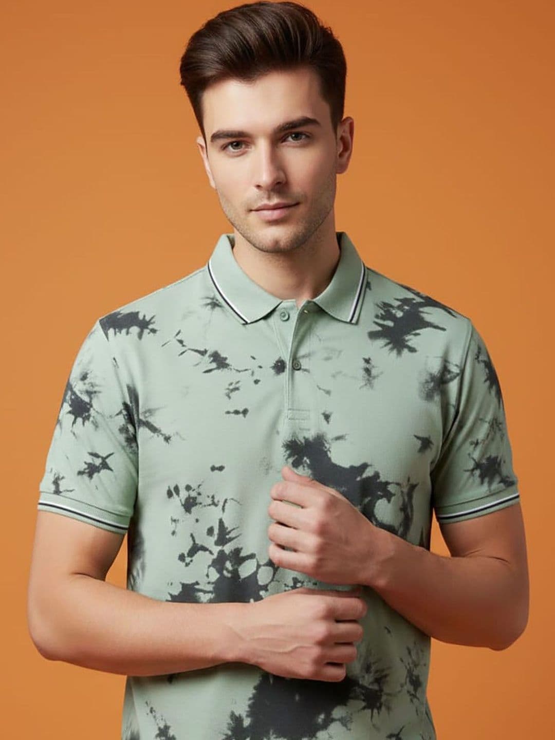 HERE&NOW Men Tie and Dye Dyed Polo Collar T-shirt - view 1