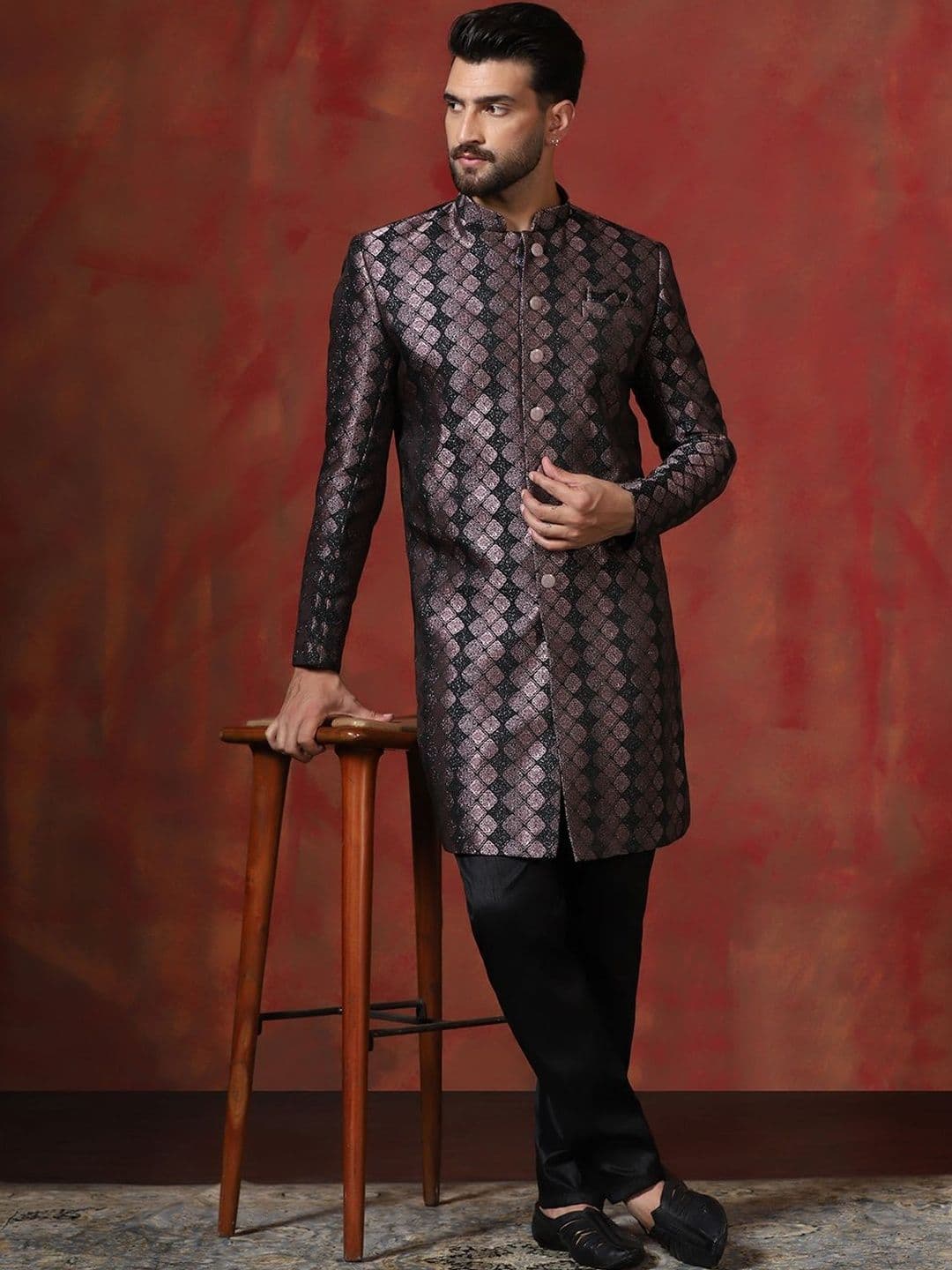 SOURAGYA Embroidered Mandarin Collar Sherwani - view 1