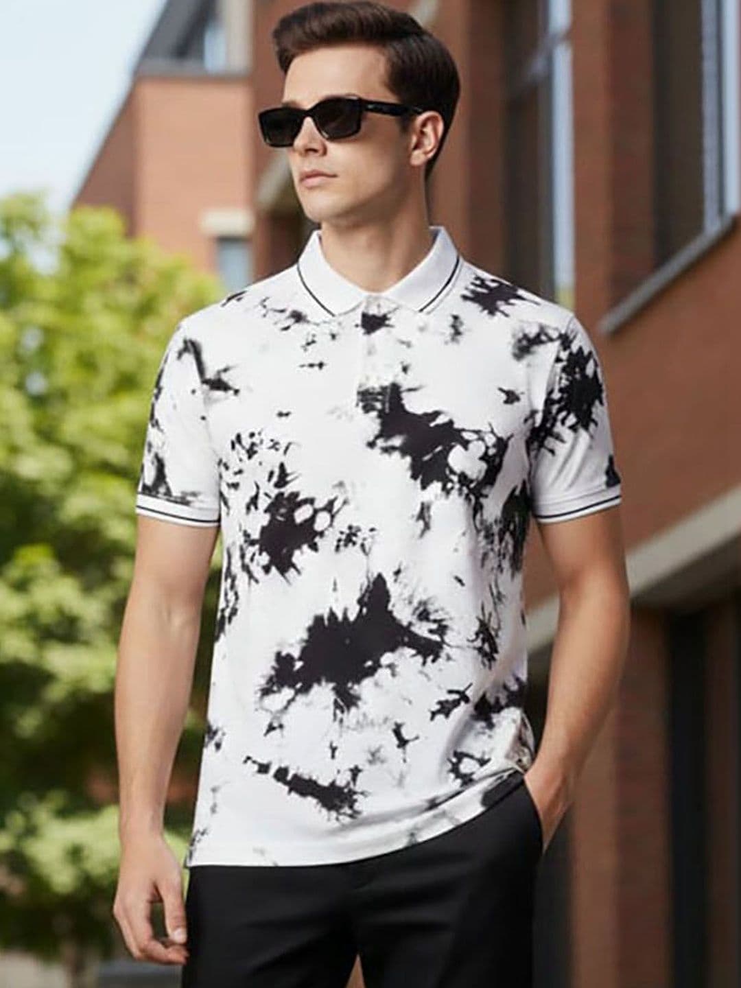 HERE&NOW Men Tie and Dye Dyed Polo Collar T-shirt - view 1