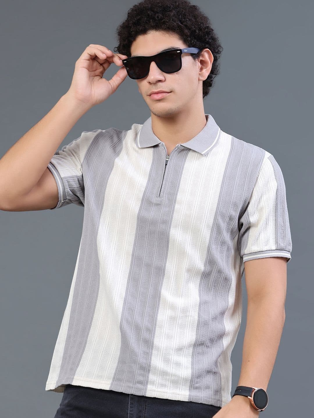 V-Mart Men Striped Polo Collar T-shirt - view 1