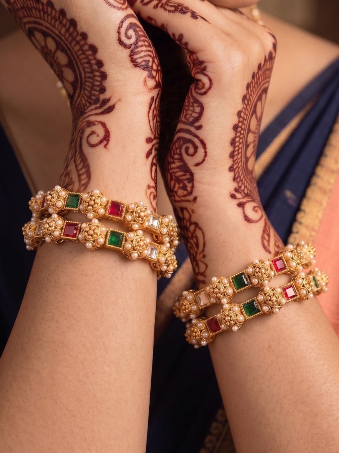 Anouk Set of 4 Gold-Plated Stone Studded & Beaded Bangles - view 1