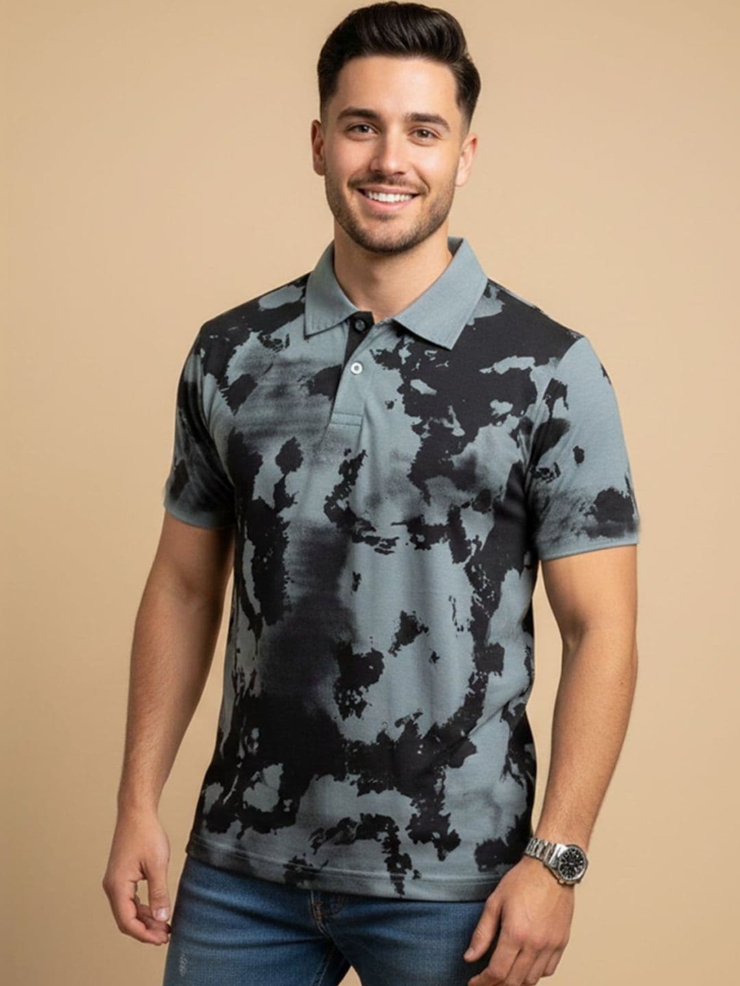 HERE&NOW Men Tie and Dye Dyed Polo Collar T-shirt - view 1