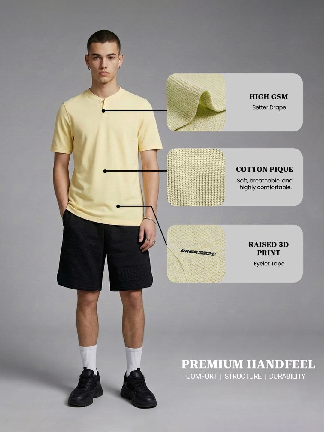 Drop Zero by Glitchez Henley Neck Cotton Pique Pure Cotton T-shirt - view 1