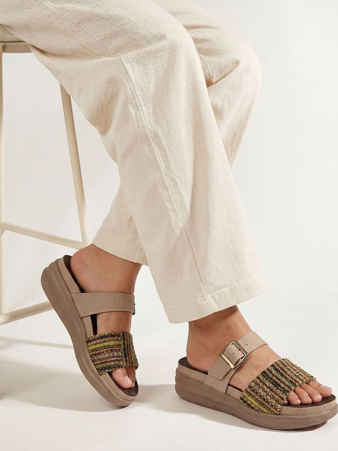 SIRDENILL Women Textured Open Toe Flats with Embroidered - view 1