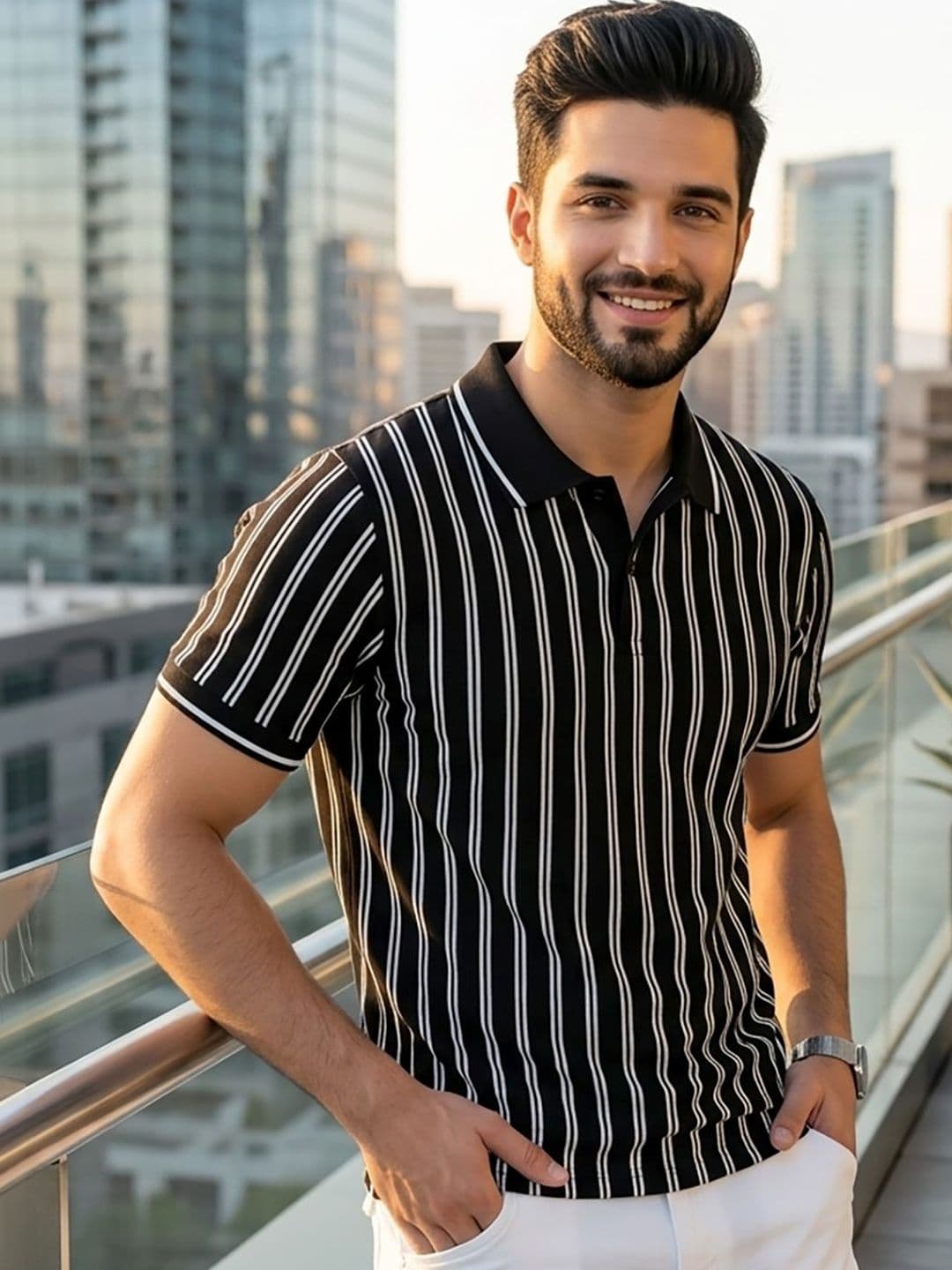 Mast & Harbour Men Striped Polo Collar T-shirt - view 1