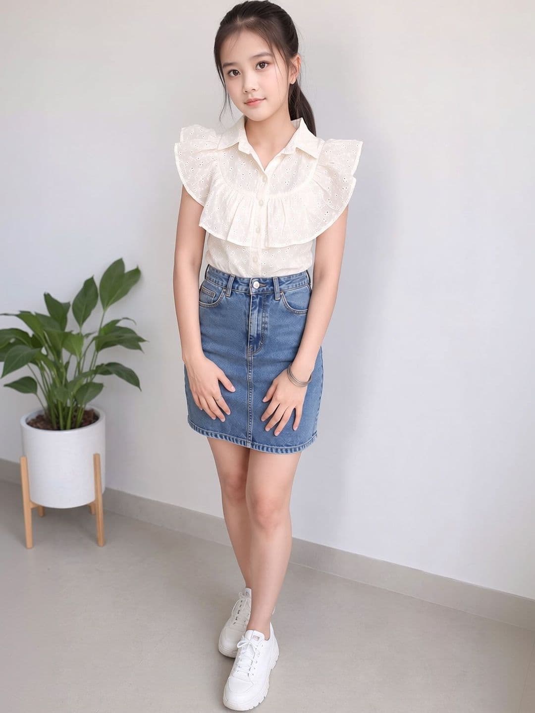 HERE&NOW Embellished Embroidered Ruffles Cotton Blend Top - view 1