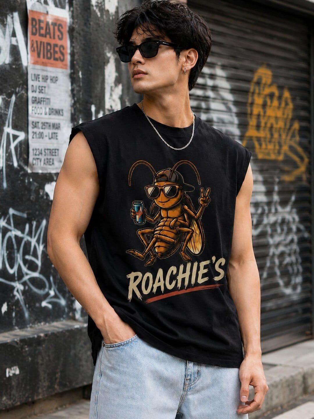 Bene Kleed Men Black Graphic Oversized Sleeveless T-Shirt - view 1