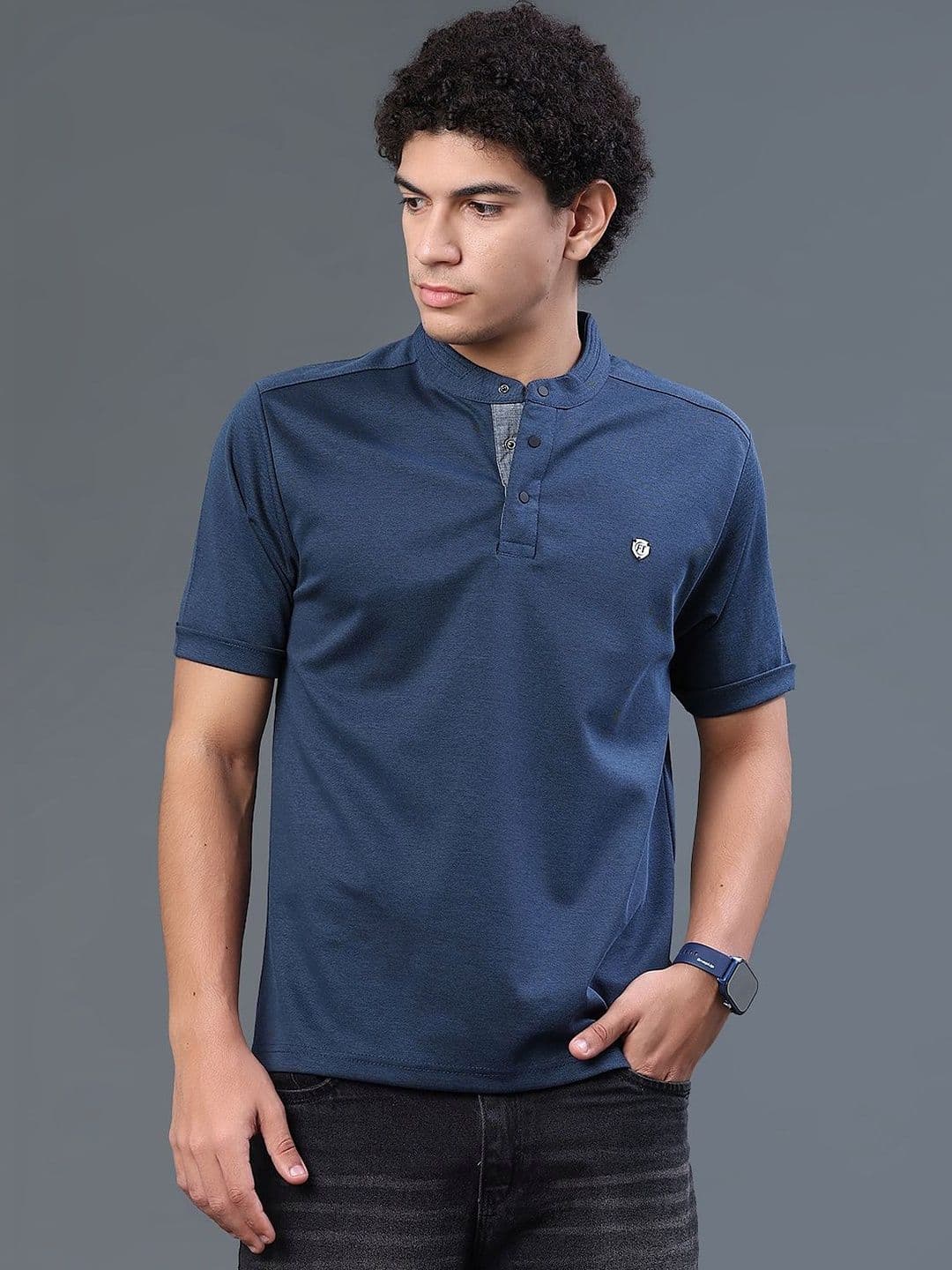 V-Mart Men Brand Logo Mandarin Collar Pockets T-shirt - view 1