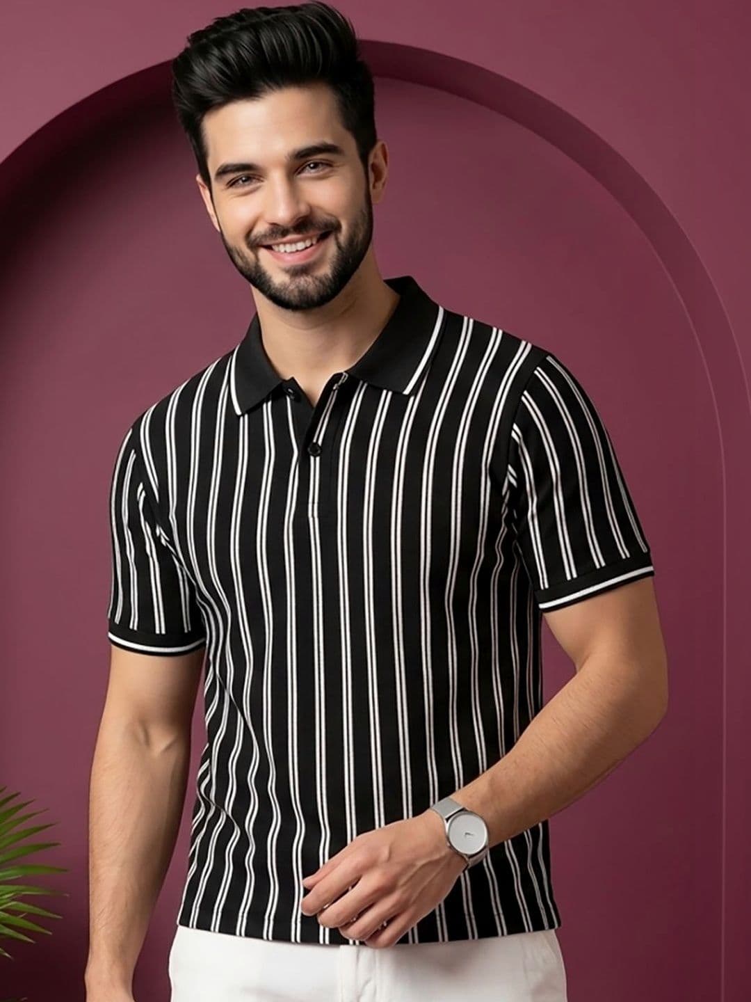 HERE&NOW Men Striped Polo Collar T-shirt - view 1