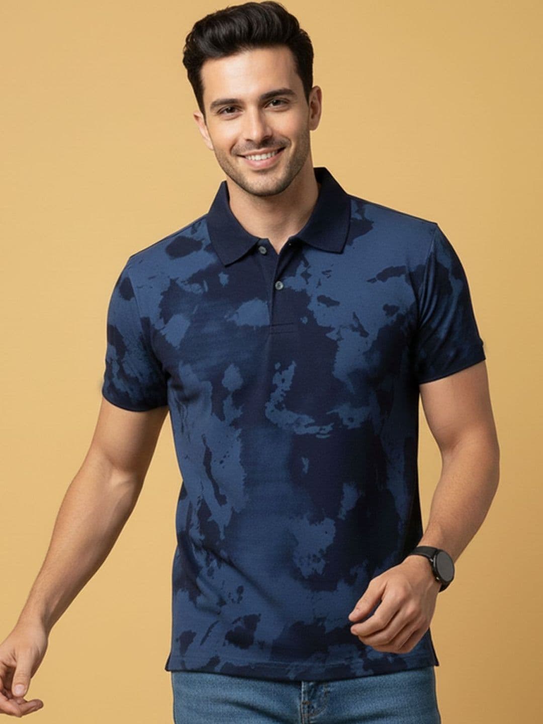 HERE&NOW Men Tie and Dye Dyed Polo Collar T-shirt - view 1